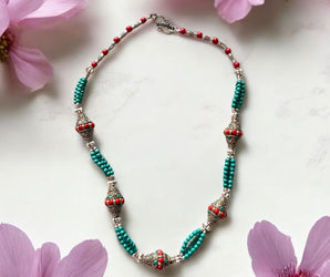 Collar de alpaca, turquesa y coral